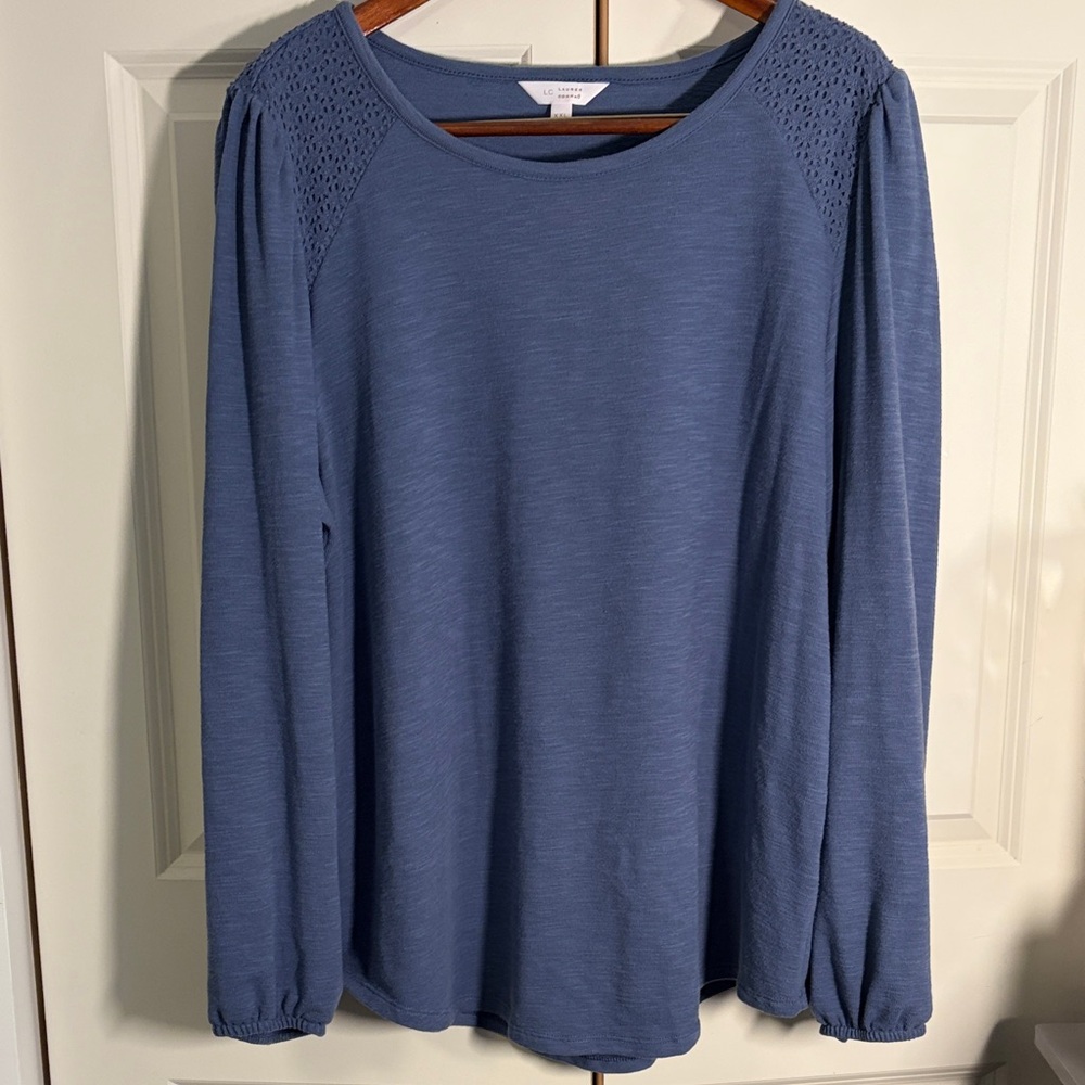 LC Lauren Conrad Dusty Blue Long-Sleeve Crochet Shoulder Top